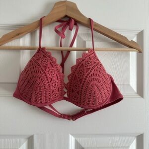Shade & Shore Crochet Lace Halter Bralette - Coral